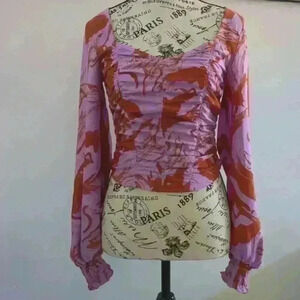 OPEN EDIT | Women's Purple/Rustic  Orange Ruched Long Sleeved Blouse